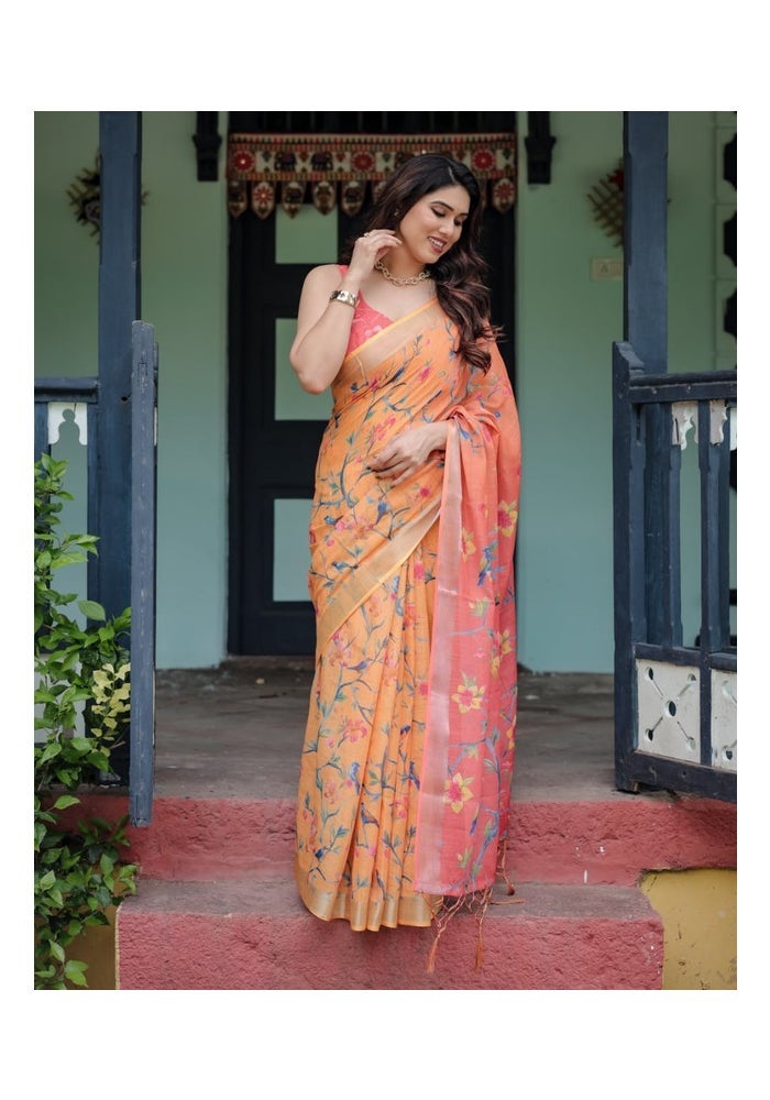 Malishka Export ساري قطن كتان برتقالي مزخرف للنساء - Image 3